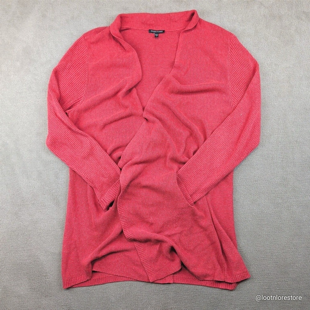 Eileen Fisher Minimalist Open Front Red Cardigan XL Cotton Linen Lagenlook Knit — photo 2